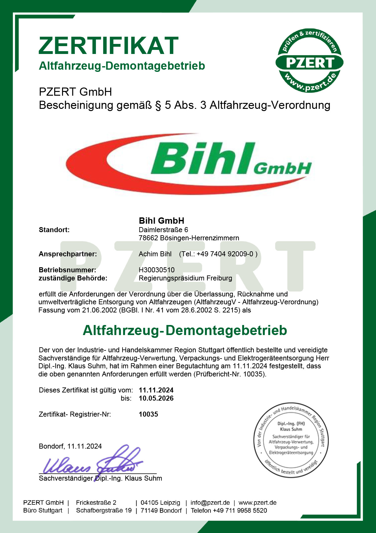 Bihl ist Altfahrzeug-Demontagebetrieb