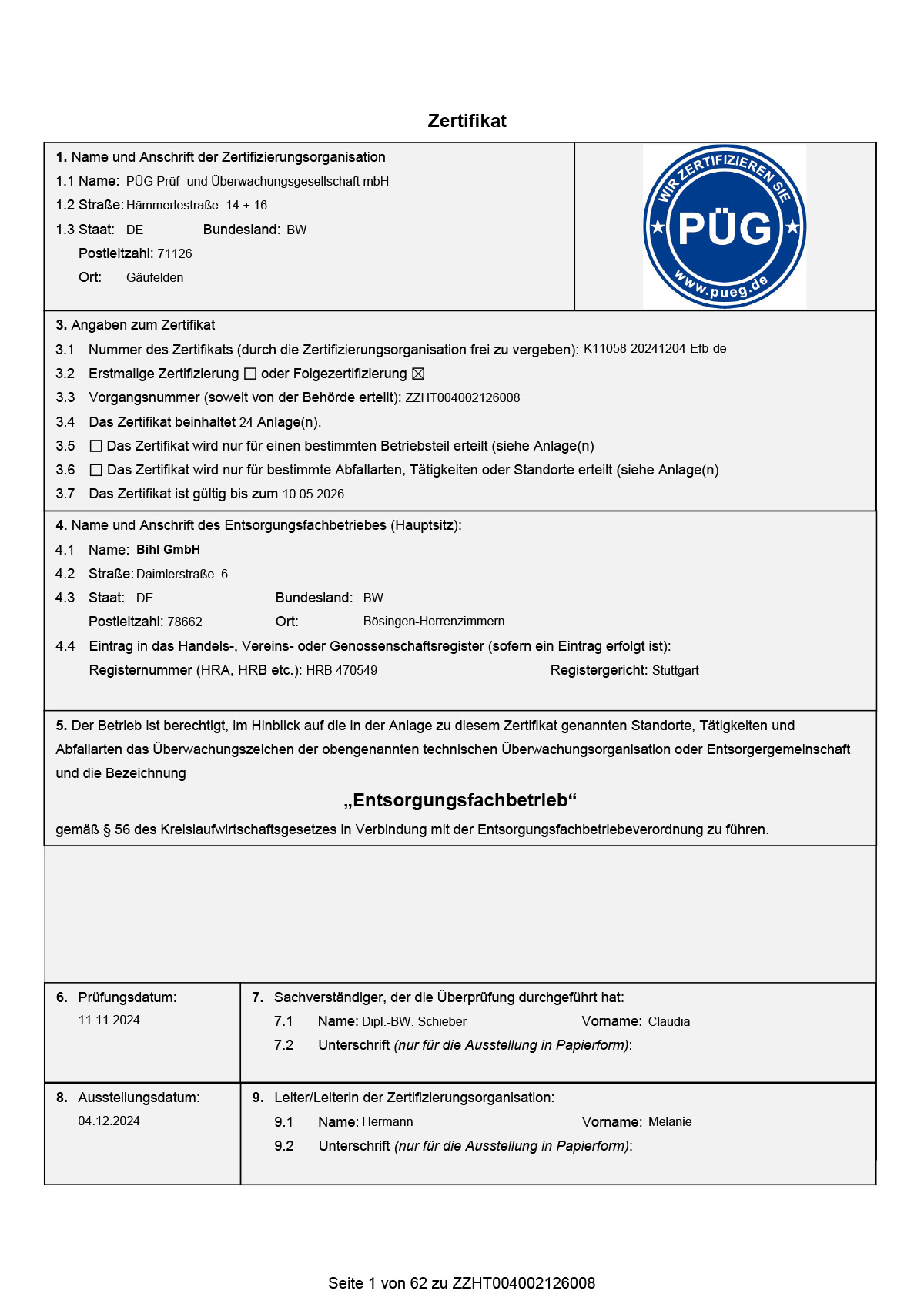Zertifizierung als Entsorgungsfachbetrieb
